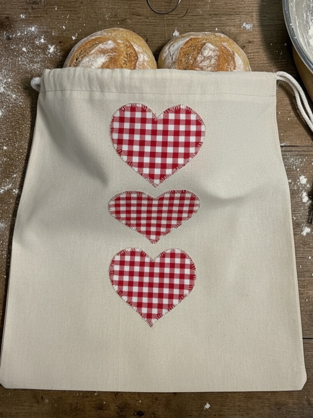 Farmhouse Checkered Appliqué Heart Muslin Bread Bag, Cotton Sourdough Storage
